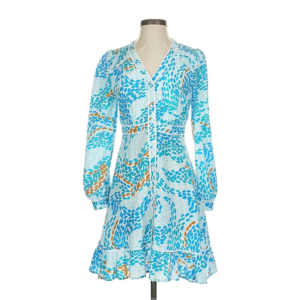 Marie Oliver Blue Dot Pattern Silk Long Sleeve Botton Front Mini Dress Size 6